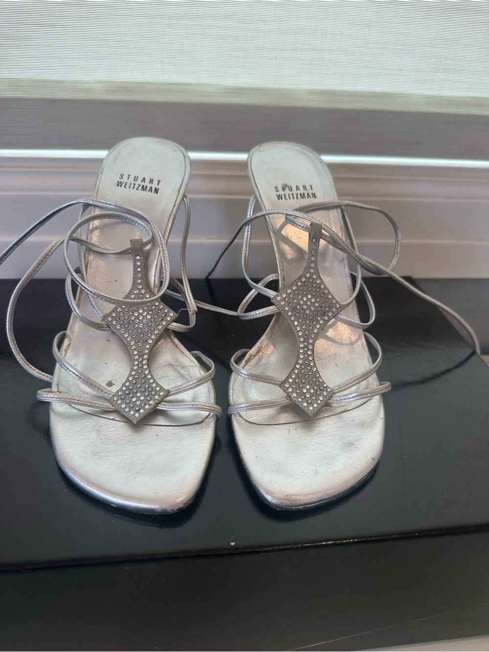 Stuart Weitzman Silver Crystal-Strap Evening Sandals size 8